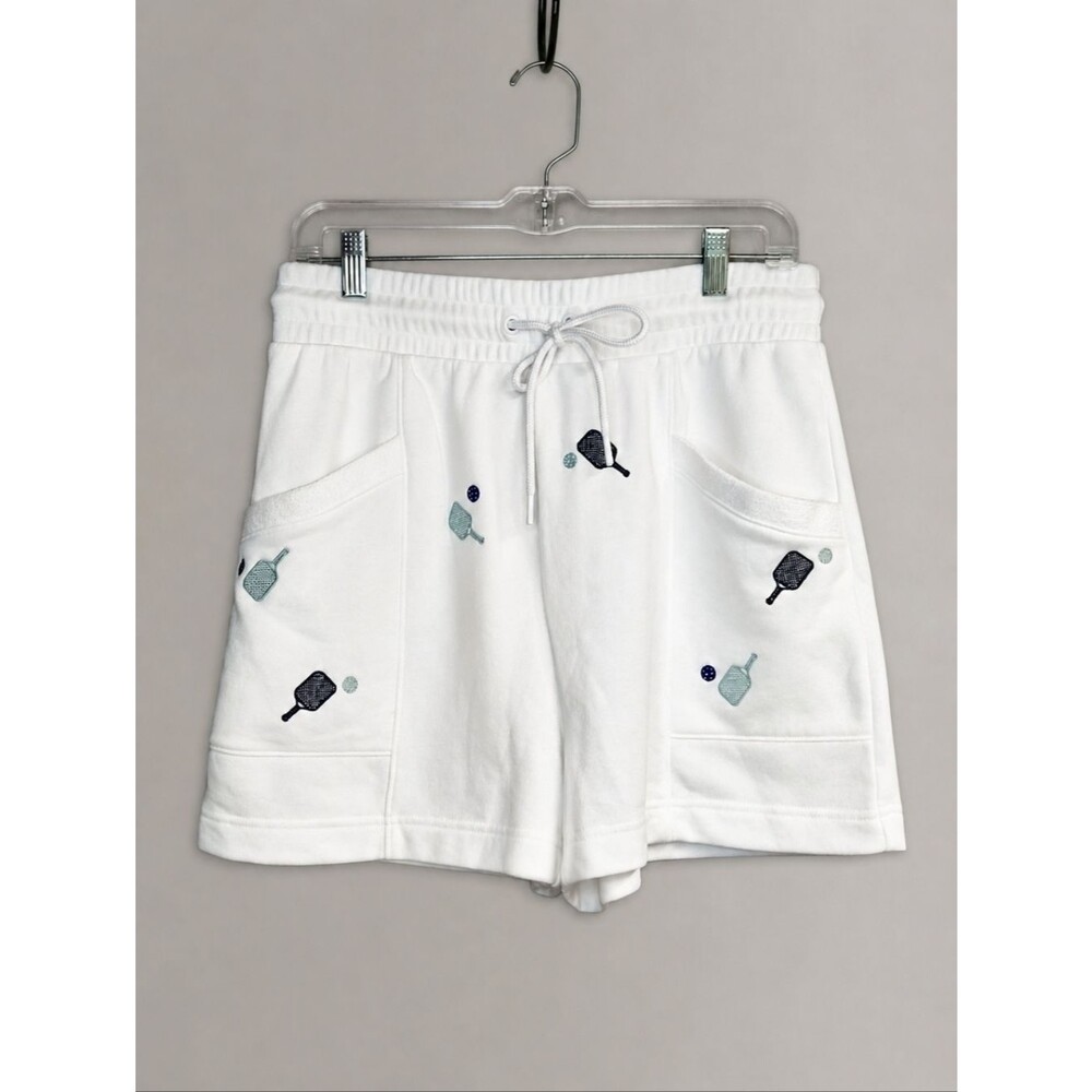 Lou & Grey Pickleball Embroidered White Athleisure French Terry Sporty Shorts